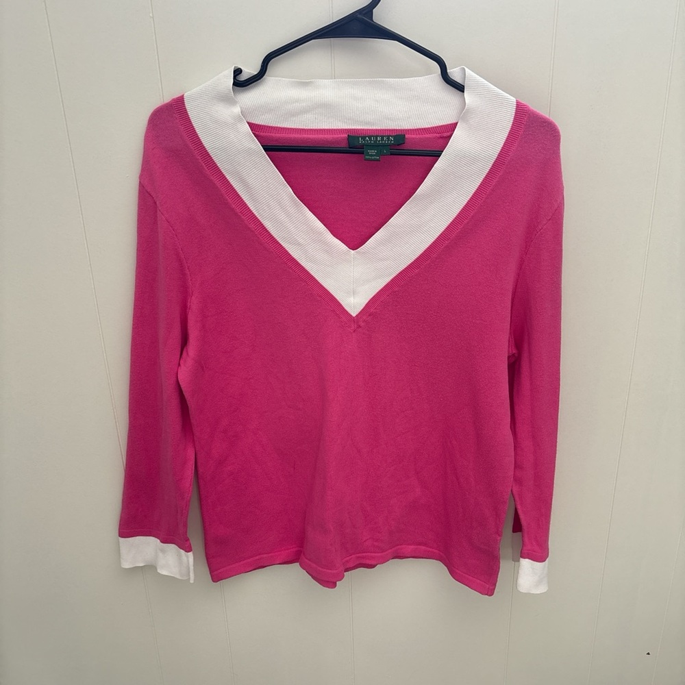 Lauren Ralph Lauren Pink and White V-Neck 100% Cotton Sweater